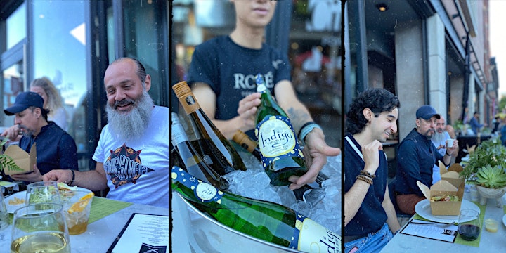 Three panels: A bearded man sits at a table with some cider in a glass; Someone is holding a bottle over a tray of ice; a smiling man has some takeout food on a table in front of him, with a printed menu and a glass of wine nearby