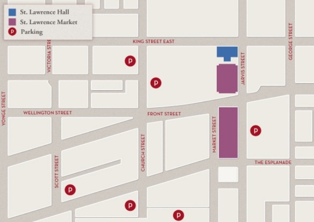 A map of the St. Lawrence Market area shows where to find parking: King at Church, Scott and The Esplanade, Church and The Esplanade, Jarvis and The Esplanade.